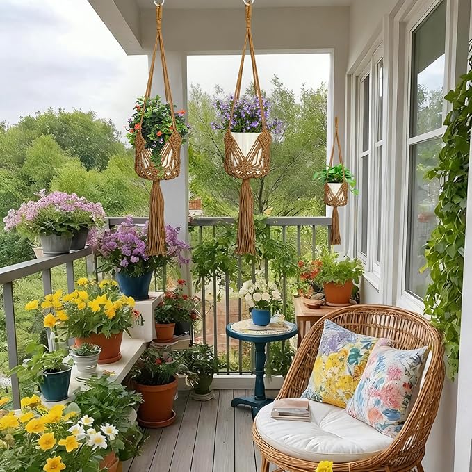 Hanging Planter with Patterns,2Pcs Macrame Plant Holder Rope with S Shaped Hooks,Indoor Macrame for up to 8 inch Pot Crochet,Boho Plant Hanger Holder for Indoor Outdoor
