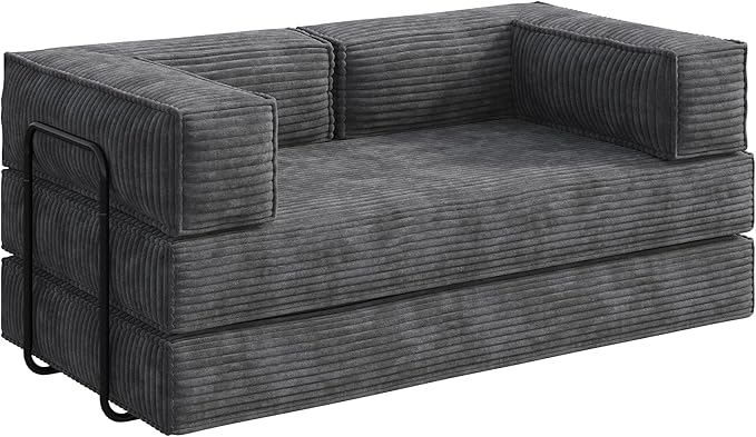 WLIVE 60'' Futon Sofa Bed, Convertible Sleeper Sofa, Folding Pull Out Couch Boneless Mattress with Fixed Frame, Corduroy, with Storage Pocket, Grey
