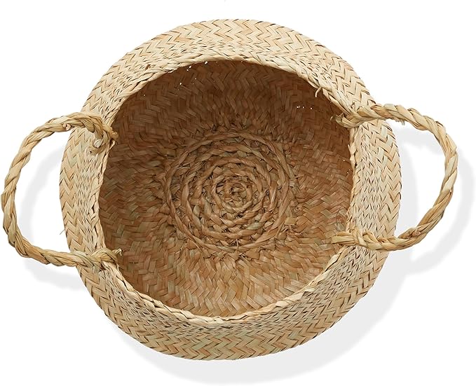 Casafield Seagrass Belly Storage Basket Planter with Handles - Small, Natural Woven Wicker Indoor Plant Pot Cover for Plants and Trees
