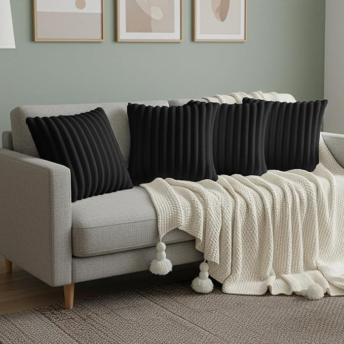 Black Throw Pillow Covers 20 x 20 Set of 4, Cute Boho Throw Pillow Cover for Couch/Bed, Decorative Pillows Covers for Sofa/Bed, Accent Pillow Covers for Living Room, Rustic/Home/Room Decor