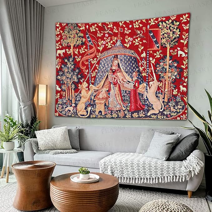 FEASRT European Medieval Royal Tapestry Maiden and Unicorn Tapestry Lady Tapestry, 60x40 Inches Soft Flannelette, for Medieval Art Collection of Decorative Wall Tapestry