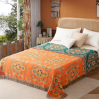 Boho Throw Blanket Twin Size, Soft Cozy Cotton Muslin Quilt Blanket for Bed Decor, Floral Patterned Couch Sofa Chair Cover, Vintage Farmhouse Cottage Tapestry Woven Blanket, Orange&Green