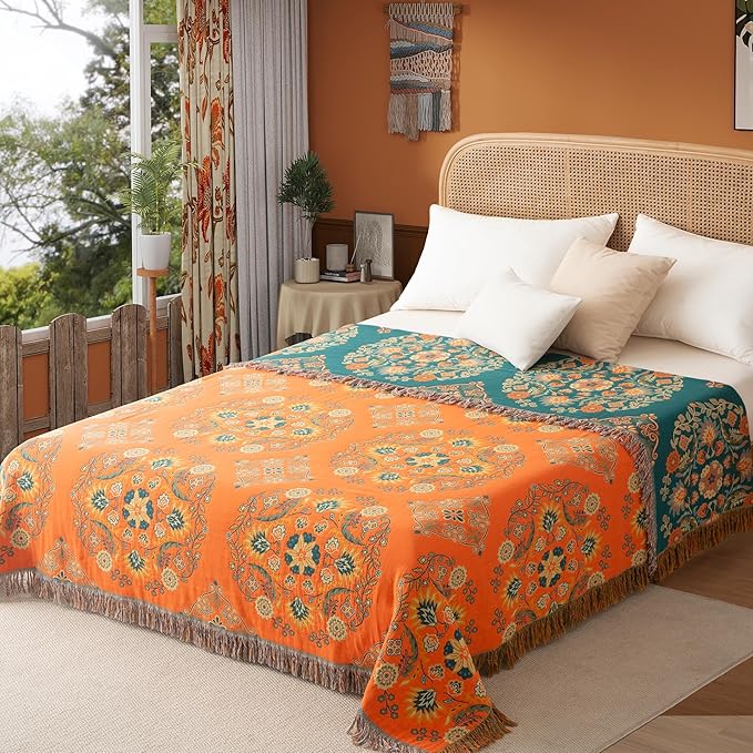 Boho Throw Blanket Queen Size, Oversized Soft Cozy Cotton Muslin Quilt Blanket for Bed Decor, Floral Patterned Couch Sofa Chair Cover, Vintage Farmhouse Cottage Woven Blanket, Orange&Green