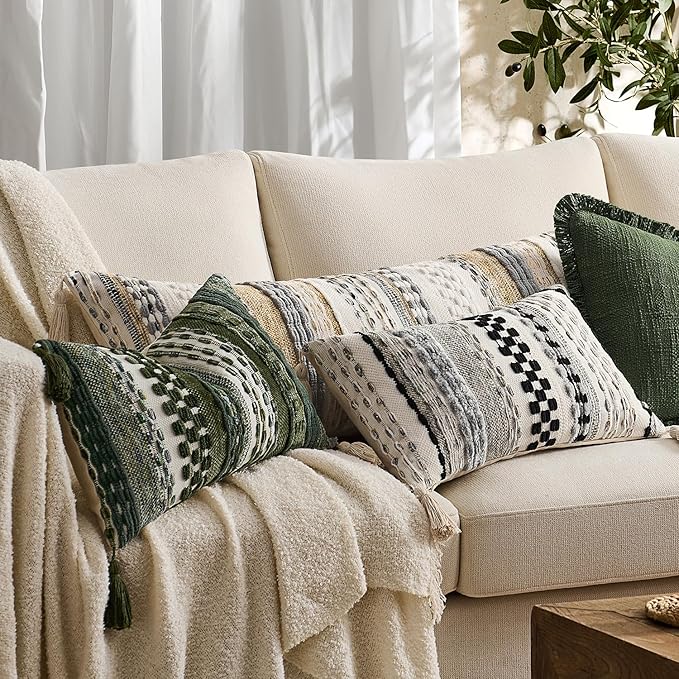 Kevin Textile 12x24 Inch Spring Lumbar Throw Pillow Cover 1 Pack Boho Decorative Soft Chenille Thread Woven Tufted Textured Rectangle Cushion Case Accent for Living Room Couch Sofa Bed, Beige