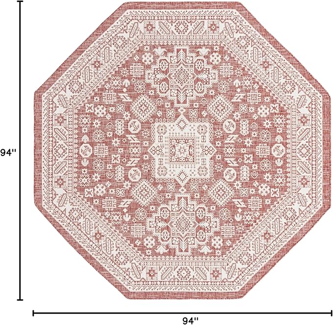 Rugs.com Outdoor Aztec Collection Rug – 8 Ft Octagon Rust Red Flatweave Rug Perfect for Living Rooms, Kitchens, Entryways