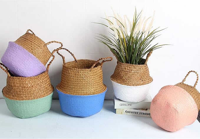 Woven Seagrass Belly Basket for Storage, Laundry, Picnic, Plant Pot Cover, and Grocery and Toy Storage (Medium, White)