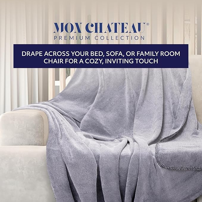 Mon Chateau 60" x 70" Fireside Mélange Throw Blanket, Contrast Stitching Soft Blanket for Queen-Size Bed, Couch, or Sofa, Cozy Home Decor and Stylish Living Room Comfort, Moonstone
