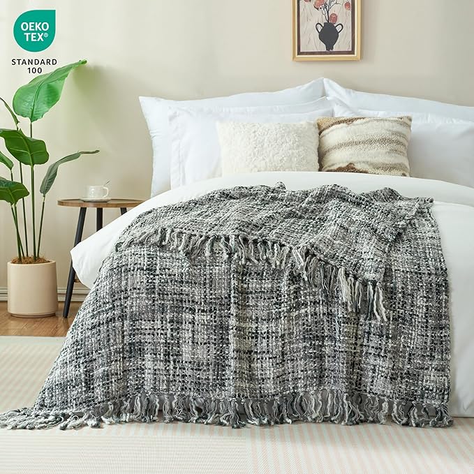 Multi-Color Grey Cable Woven Throw Blanket for Couch,50"X60" Boho Style Textured Blankets for Home Decor,Super Soft Warm Cozy Chunky Blanket with Decorative Tassels for Bed and Sofa