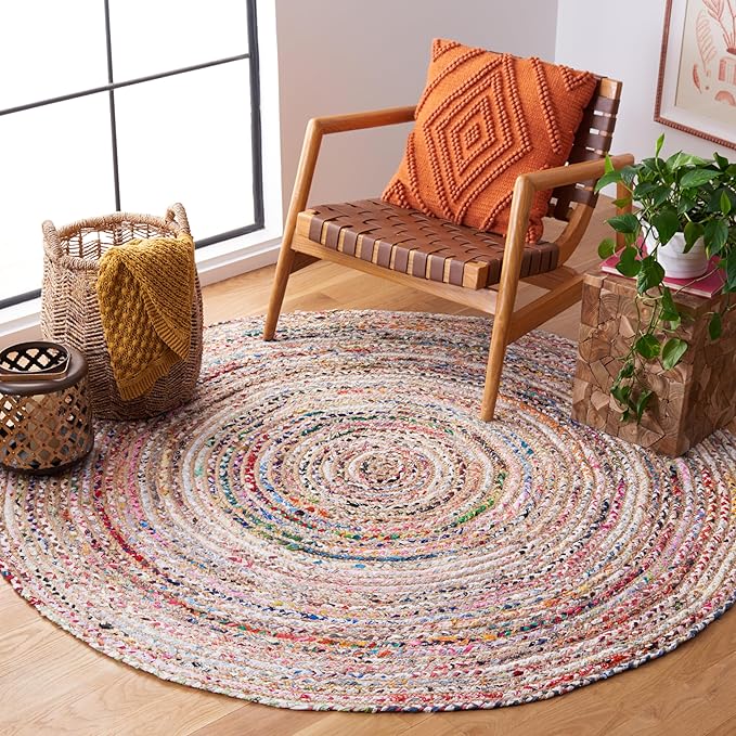 SAFAVIEH Area Rug 4' Round - Cape Cod Collection - Beige & Multi, Handmade Jute & Cotton, Woven Braided Design (CAP202B)