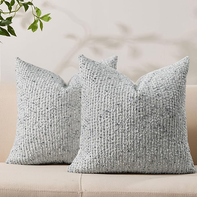 Decorative Couch Throw Pillow Covers 16x16 Set of 2 Blue Striped Soft Wool Pillow Covers Neutral Textured Boho Cushion Covers for Modern Farmhouse Sofa Bedroom Living Room Decor SY012-C16