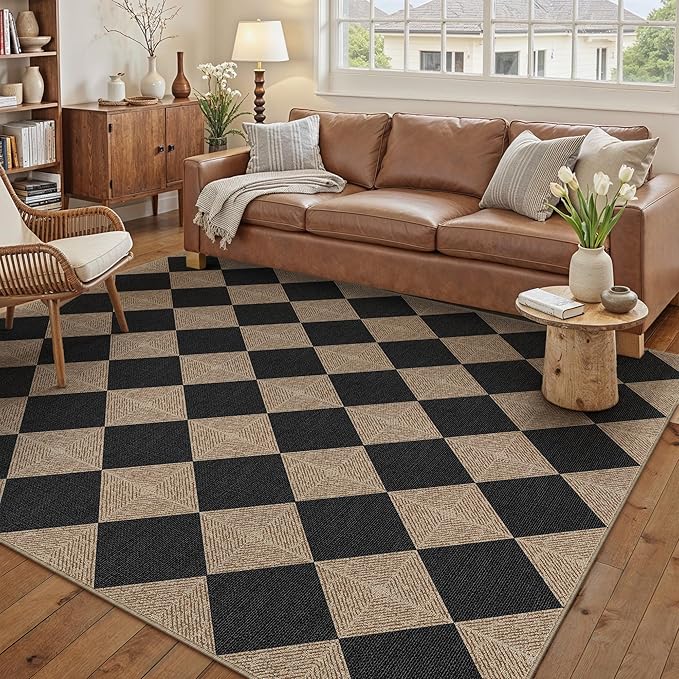 5x7 Checkered Easy Jute Area Rug for Living Room Checkerboard Washable Indoor Outdoor Carpet Farmhouse Patio Office Mat Textured Diamond Non Slip Black Carpet for Backyard Dining Room