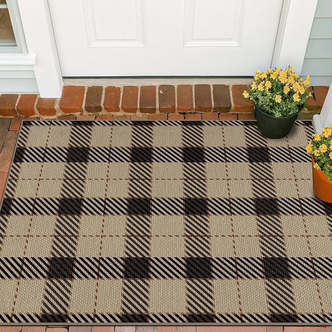 3x4 Jute Rugs for Entryway, Checkered Washable Entry Rug, Indoor Door Mat for Front Door, 3 x 4 Kitchen Mats for Floor, Non Slip Rubber Backing, Thin Modern Farmhouse Black and Brown Rattan Décor