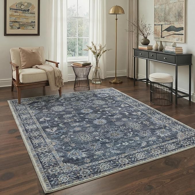 GENIMO Runner Rug 2x6 Non Slip Machine Washable Vintage Hallway Runner Rug, Low Pile Lightweight Rugs for Entryway, Hallway, Kitchen and Corridor, Distressed Navy Blue