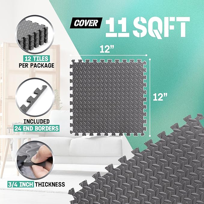 Yes4All EVA Interlocking Mats, Puzzle Floor Tiles, Foam Floor Padding with Border for Furniture, Home Space, Living Room, Garage 11 SQFT