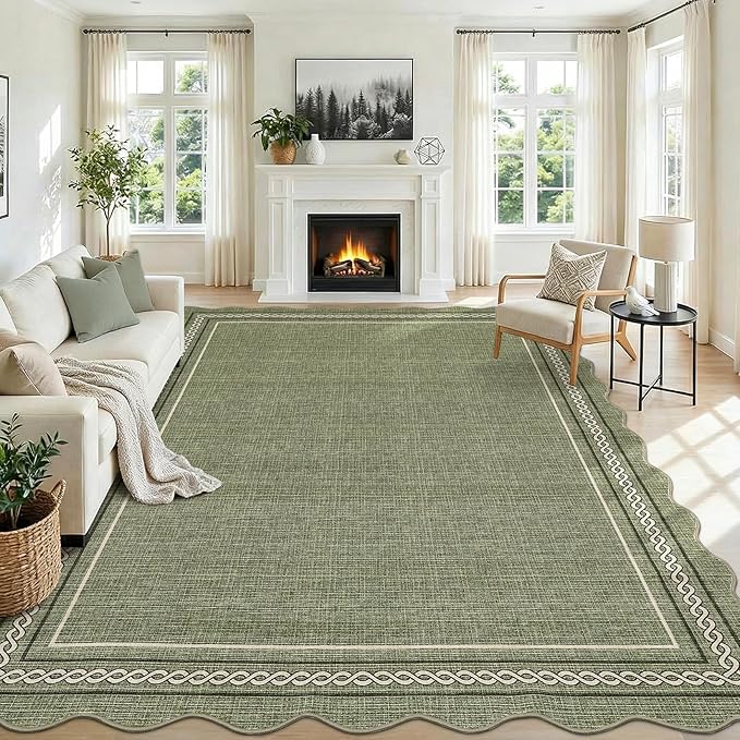 Garvee Scalloped Living Room Rug 5x7 Area Rug Washable Area Rug for Bedroom Boho Kids Rug Non Slip Throw Rugs Soft Non Shedding Low Pile Stain Resistant Carpet for Dining Room 5'x7' Green