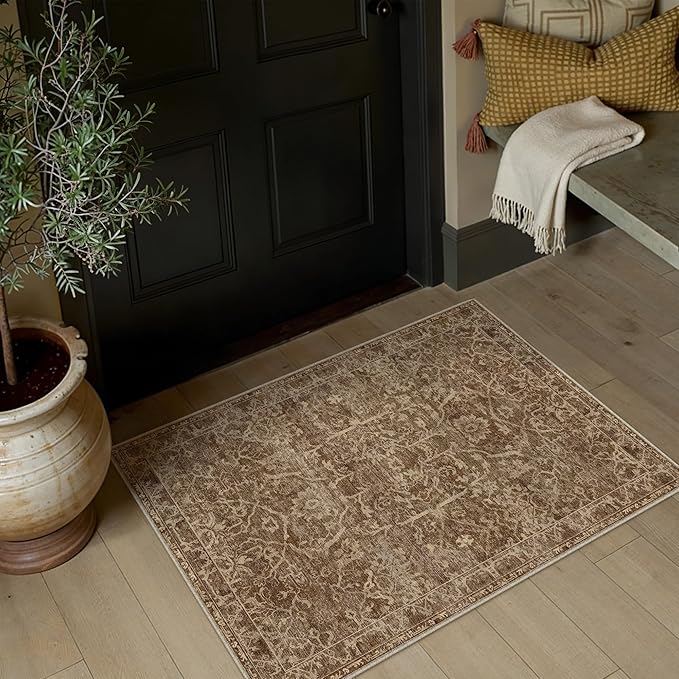 HUGEAR 2x3 Entryway Area Rug Brick Red Small Rug Machine Washable Door Mat Vintage Floral Low Pile Carpet Vacuumable Distressed Throw Rug Entrance Kitchen Bathroom Bedroom Non Slip Lightweight