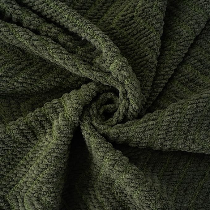 BATTILO HOME Olive Green Chenille Throw Blanket for Bed, Knit Throw Blanket,Super Soft Warm Home Decor Throw Blanket with Tassels for Couch,Sofa and Living Room,50" x 60"
