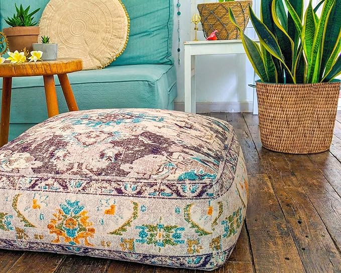 Mandala Life ART Boho Floor Cushion Cover Gray Square Moroccan Pouf Ottoman Pillow for Meditation Yoga and Boho Chic Low Seating Area Cotton 24x8 Unstuffed