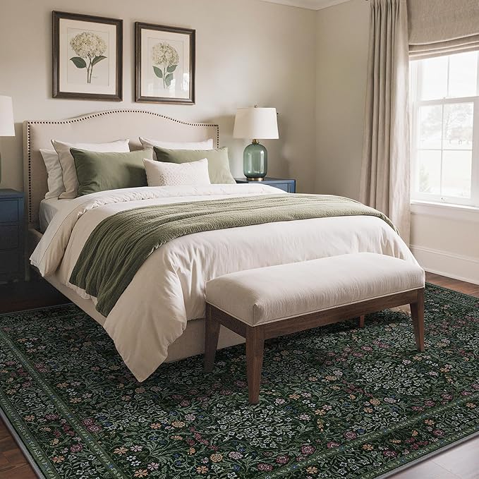 GENIMO 8x10 Area Rug for Living Room, Washable Vintage Floral Low Pile Non-Slip Large Carpet for Bedroom Dining Room, Stain Resistant Botanical Indoor Rug (Dark Green)