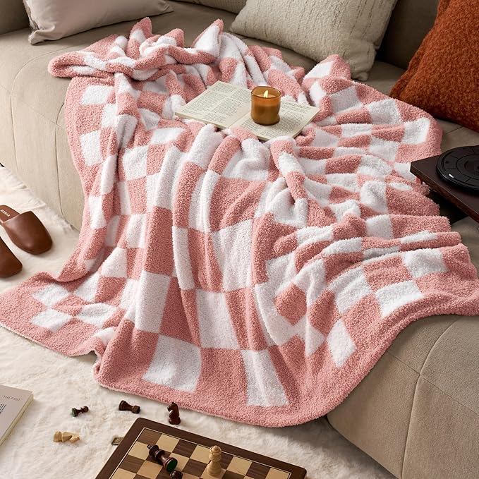 Joiedomi Throw Blanket for Couch, Pink White Checkered Knitted Blankets Gifts for Women Mom Girls, Cozy Cute Soft Throw Home Room Decor Aesthetic Women Mothers Birthday Gifts 50x70 Inches