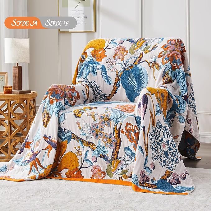 Boho Blanket Soft Muslin BohoThrow Blanket, 100% Cotton Floral Printed Farmhouse Decor All Season Reversible Rustic Throw for Sofa Couch Chair (Beige, 80"x90")