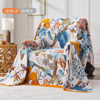 Boho Blanket Soft Muslin BohoThrow Blanket, 100% Cotton Floral Printed Farmhouse Decor All Season Reversible Rustic Throw for Sofa Couch Chair (Beige, 80"x90")