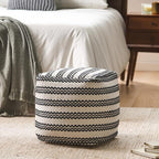 GDFStudio Boho Handmade Fabric Cube Pouf Ottoman Foot Stool - Bean Bag Floor Chair - Foot Rest Couch for Living Room Bedroom,Natural and Black,16" x 16" x 15.75"
