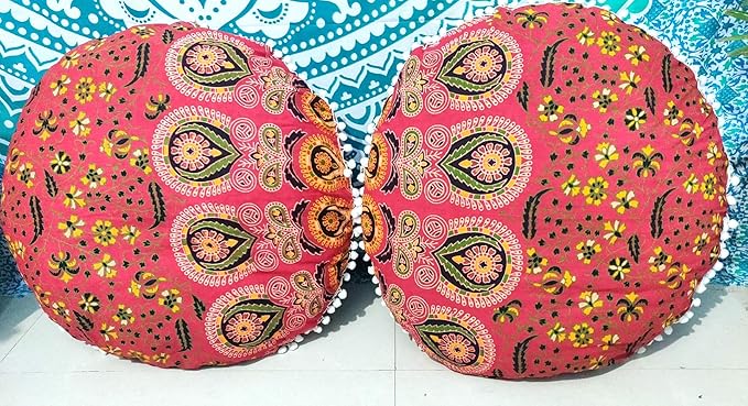 CRAFT KALA Mandala Floor Pillow Cushion Cover Seating Throw Cover Hippie Decorative Bohemian Ottoman Poufs Pom Pom Pillow Cases Boho Indian Cotton Living Room Home Décor 24" Round Set Of 2, Red Mirchi