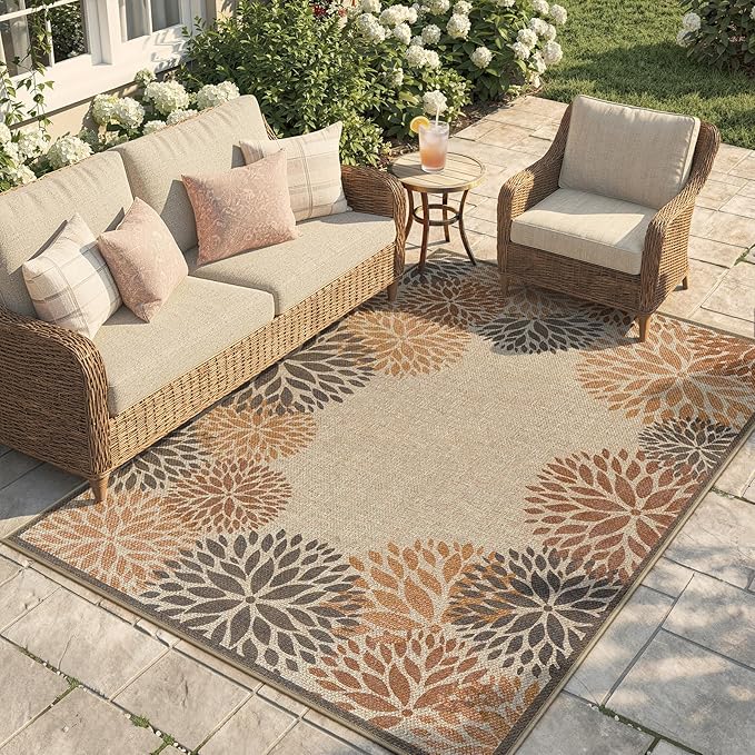 LIVEBOX Modern Easy Jute 5x7 Outdoor Rug, Washable Area Rugs for Living Room Patio Floral Indoor Outdoor Rug, Boho Farmhouse Non Slip Carpet for Backyard Foyer Dining Room(Beige, 5'x7')