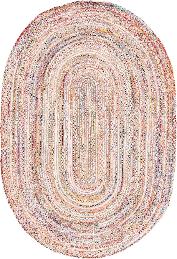 SAFAVIEH Area Rug 5x8 Oval - Cape Cod Collection - Beige & Multi, Handmade Jute & Cotton, Woven Braided Design (CAP202B)