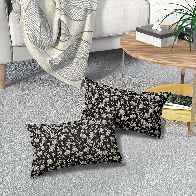 Vintage Flower Lumbar Pillow Covers 12x20 Set of 2 Rustic Old Style Cute Small Floral Black Cream Decorative Throw Pillows Outdoor PillowCase Farmhouse Linen Long Cushion Case Decor for Sofa Couch Bed