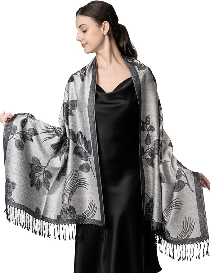 Achillea Reversible Paisley Pashmina Rave Scarf – Exotic Indian Shawls and Wraps for Evening Dresses, Festivals, All Seasons