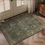 Bavni Washable Rugs 3x5-Machine Washable Rug Lightweight Low Pile, Vintage Floral Rug Non-Shedding Distressed Throw Carpet for Living Room Bedroom Office, Dark Green/Multi