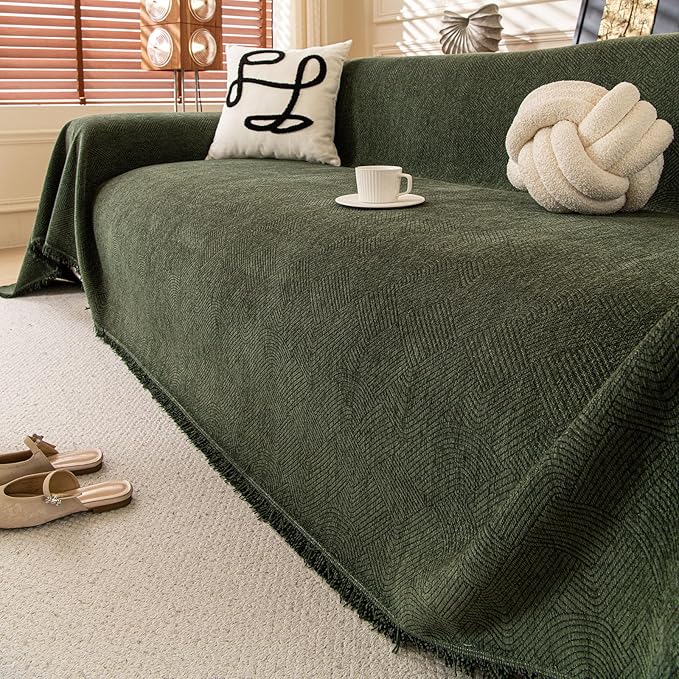ROOMLIFE Green Waterproof Sofa Cover, Boho Couch Cover for 3 Cushion Sofa, Non Slip Chenille Sofa Slipcovers for Dog, Washable Furniture Sofa Protector Cover with Tassel for Living Room, 71''X150”