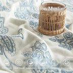 Boho Throw Blanket Twin Size, Soft Cozy Cotton Muslin Quilt Blanket for Bed Decor, Floral Patterned Couch Sofa Chair Cover, Vintage Farmhouse Cottage Tapestry Woven Blanket, Blue and White