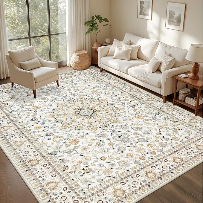 Area Rugs 10x12 Living Room Rug: Washable Rug Soft Vintage Boho Carpet Indoor Floor Non-Slip Stain Resistant Large Carpets for Bedroom Dining Room Farmhouse Nursery Home Office Beige