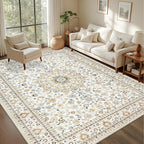Area Rugs 9x12 Living Room Rug: Washable Rug Soft Vintage Boho Carpet Indoor Floor Non-Slip Stain Resistant Large Carpets for Bedroom Dining Room Farmhouse Nursery Home Office Beige