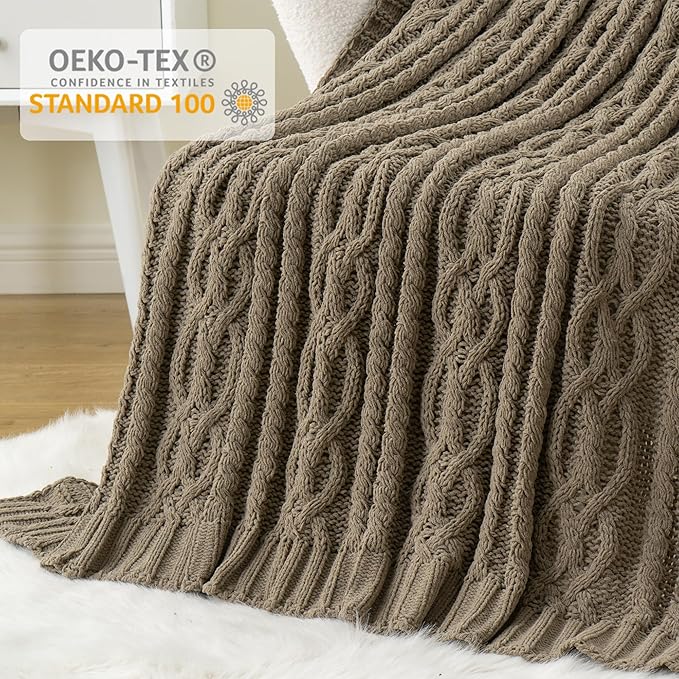 Battilo Camel Tan Throw Blanket for Couch,51"x67", Cable Chenille Knitted Throw Blankets for Bed, Sofa, Chair,Living Room, Soft Cozy Thick Warm Decorative Textured Blanket.