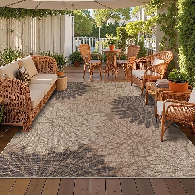 Easy Jute Rug 8x10 Floral Outdoor Rug Washable Area Rugs for Living Room Bedroom Non Slip Neutral Farmhouse Indoor Outdoor Carpet for Backyard Patio Office