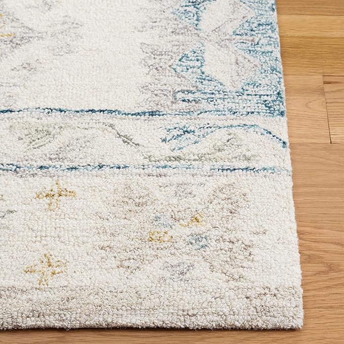 SAFAVIEH Micro-Loop Collection Accent Rug - 4' x 6', Ivory & Blue, Handmade Boho Rustic Wool, Ideal for High Traffic Areas in Entryway, Living Room, Bedroom (MLP476M)