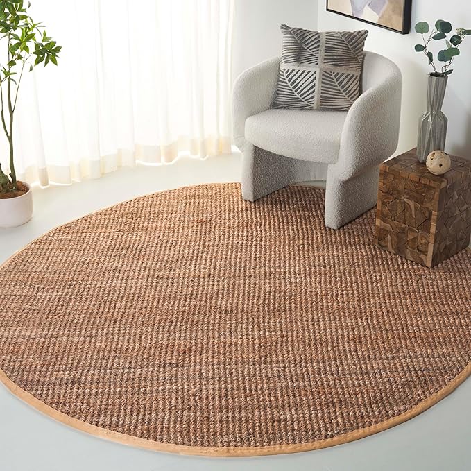 SAFAVIEH Natural Fiber Collection 7' Round Natural NF730C Handmade Farmhouse Premium Jute Area Rug