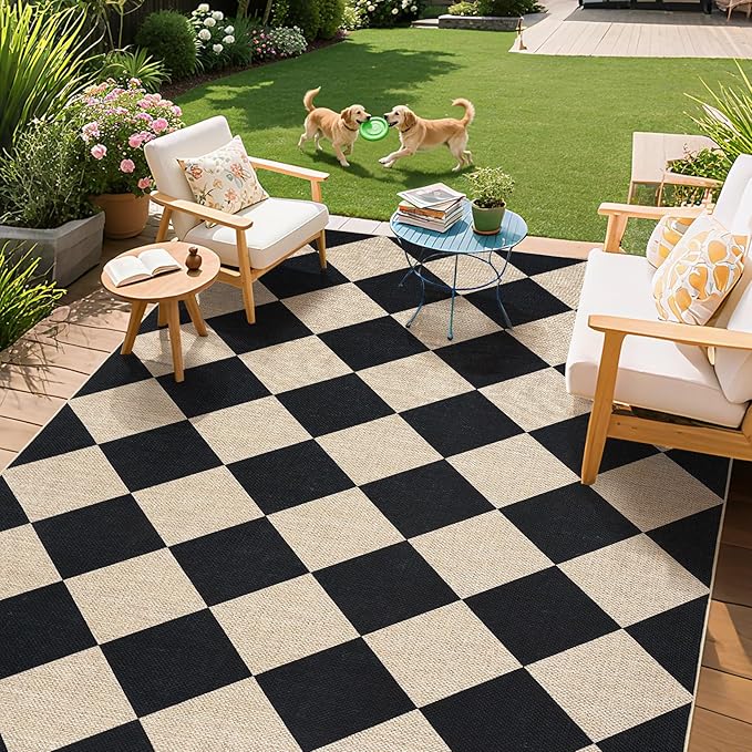 GarveeHome Checkered Easy Jute 3x5 Entryway Rug Machine Washable Outdoor Patio Rug Non-Slip Backing Checkerboard Black Indoor Outdoor Carpet for Hallway Bathroom Kitchen Bedroom