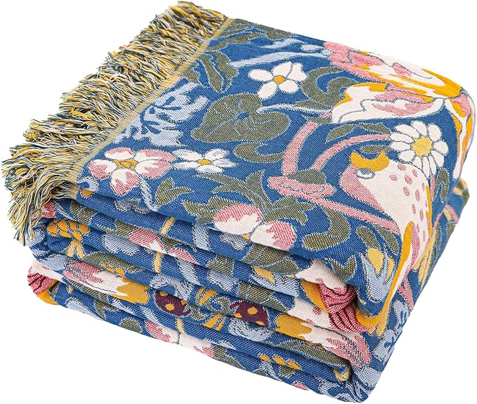 Boho Cotton Muslin Twin Size Bed Throws,100% Cotton Rustic 4 Layer Reversible Bid and Floral Woven Washable Breathable Decor Quilt 60"×80" for Couch Sofa All Seasons,Blue &Yellow