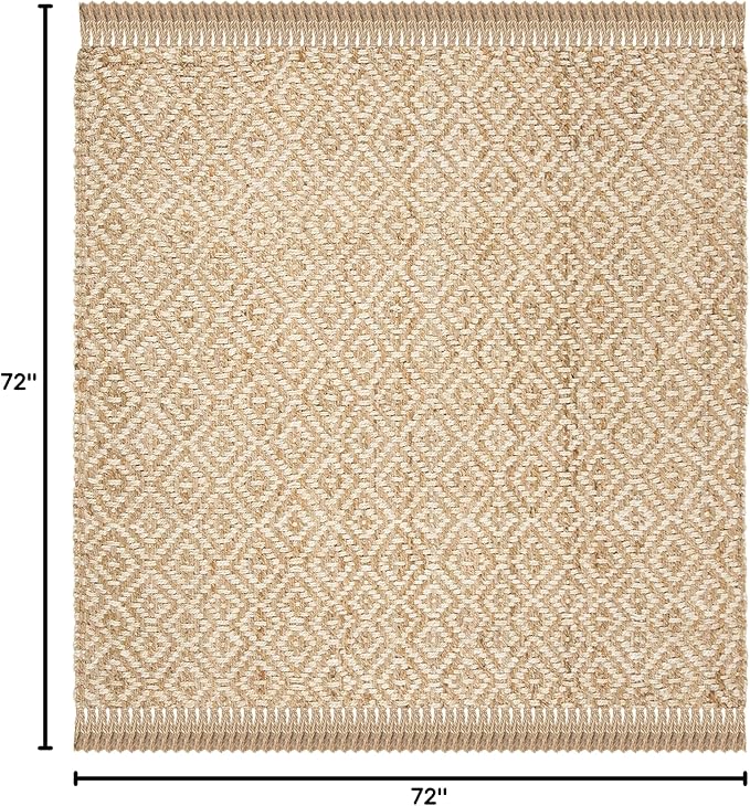 SAFAVIEH Natural Fiber Collection Area Rug - 6' Square, Ivory & Natural, Handmade Boho Diamond Tassel Jute, Ideal for High Traffic Areas in Living Room, Bedroom (NF266A)