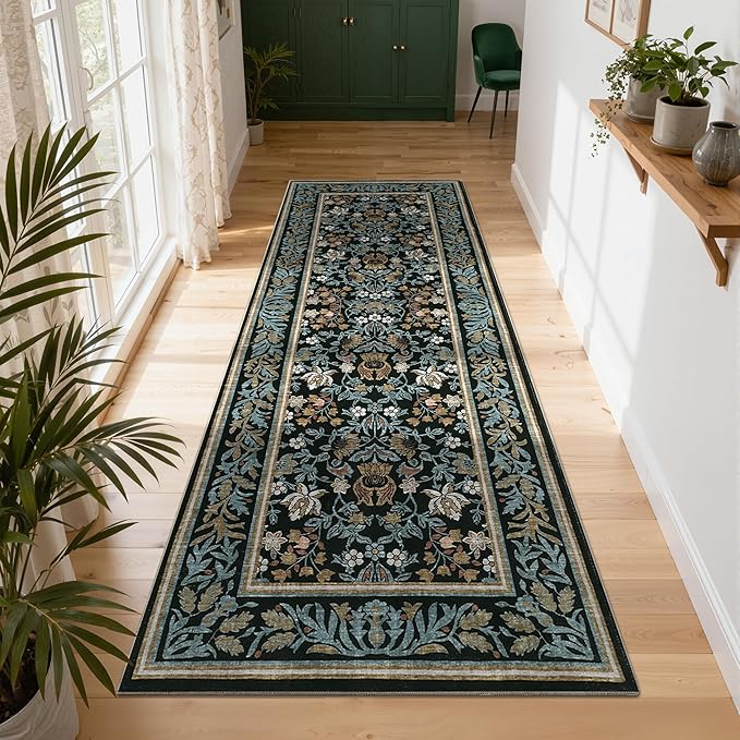 GarveeHome Kitchen Runner Rug 2.5x10 Runner Rug Non Slip Washable Runners for Hallways, Boho Vintage Rugs with Rubber Backing Soft Low-Pile Indoor Carpet for Entryway Bedroom Blue Black