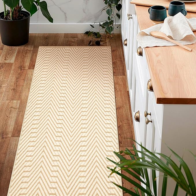 Jute Cotton Geomatric Area Runner Rug 2x6 Feet - Natural White, Reversible Boho Beige Ivory Runners Ideal for Hallways, Kitchen, Laundry Room | Farmhouse Decorative Costal Decor Floor Mats for Nursary
