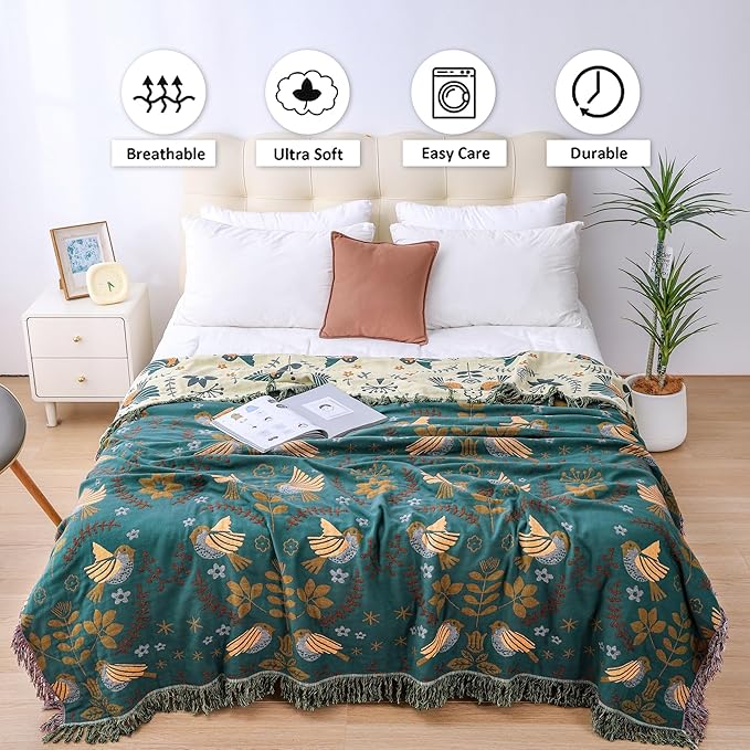 Boho Sofa Bed Large Throw Blanket, Ultra Soft Luxury King Throw Quilt, 100% Organic Cotton Reversible Bohemian Throw for Couch Chair Bedspread and Gift, 91" x 98"-Teal