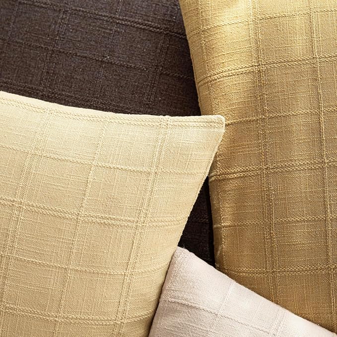 Foindtower Set of 2 Decorative Linen Check Throw Pillow Covers Neutral Farmhouse Vintage Cushion Covers Modern Boho Accent Home Decor for Sofa Chair Couch Bedroom Living Room,20×20 Inch,Light Yellow