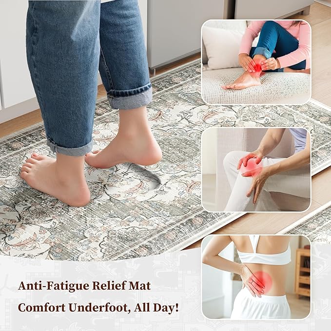 Boho Kitchen Mats for Floor 2 Piece Set Anti Fatigue Cushioned PVC Kitchen Rugs Non Slip Waterproof Farmhouse Mats 2/5 Inch Comfort Standing Mat for Sink, Laundry, 17.3"x47"+17.3"x28", Beige Grey