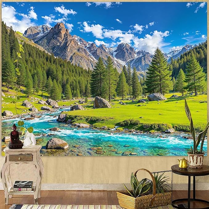 Accnicc Nature Forest Mountain Tapestry Green Pine Tree Wall Tapestry for Bedroom Aesthetic River Landscape Small Tapestries Wall Hanging for Dorm Living Room Decor 60 x 44 Inch